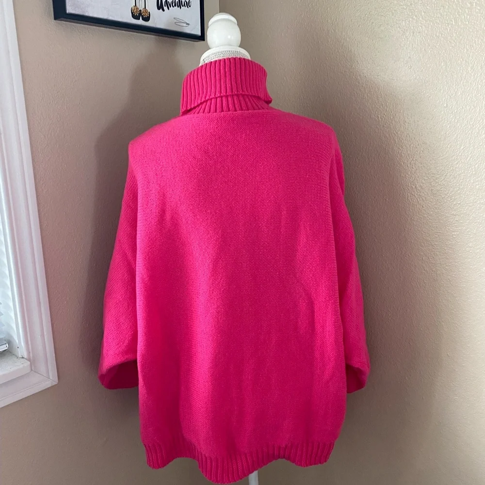 SHEIN Bright Pink Turtleneck Dolman Sweater with white 'Merry' Design, Sz. 1X